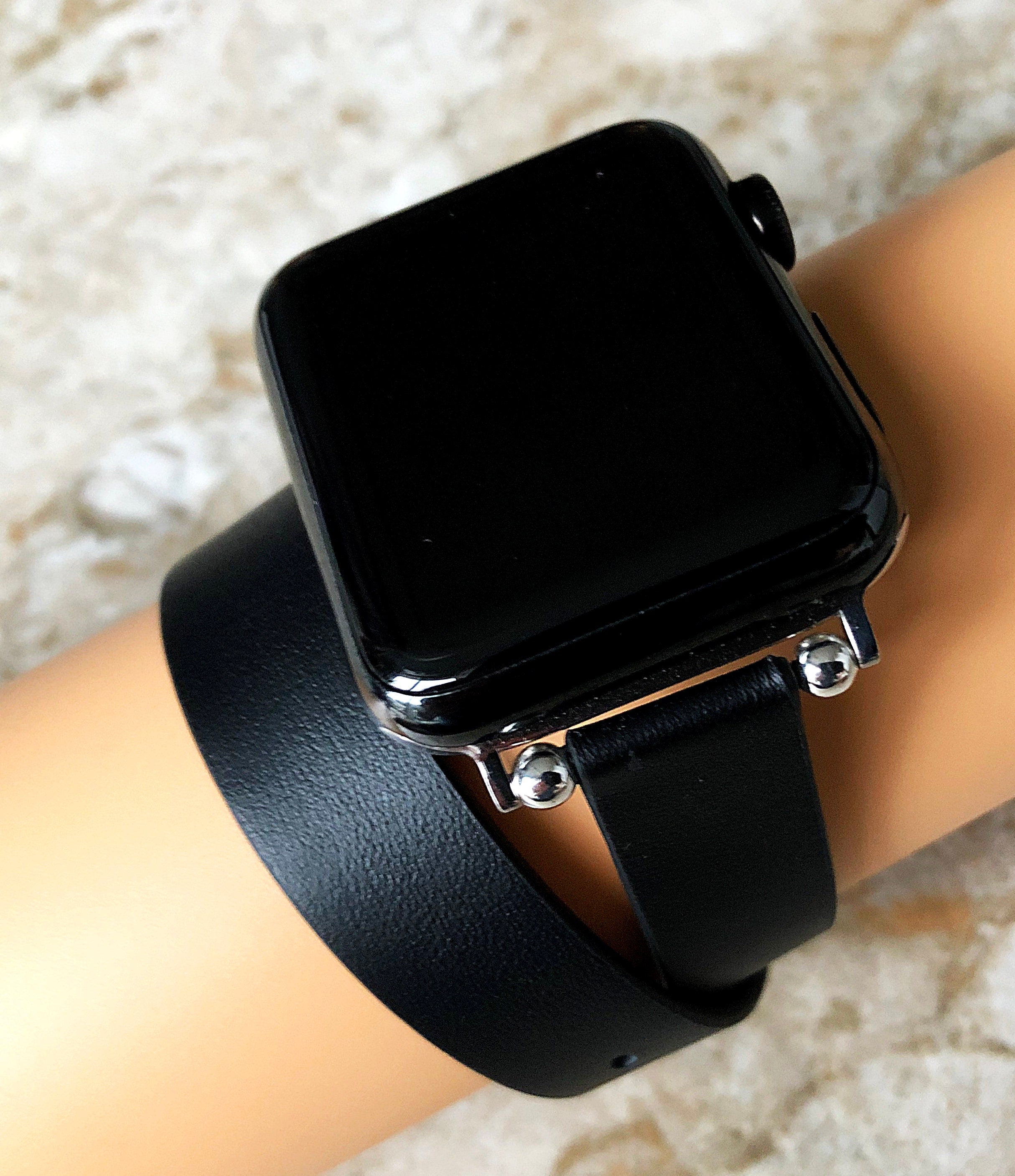 Apple Watch Black Double Wrap Around Wrist Leather Band for All Series 38mm 40mm 41mm 42mm 44mm 45mm 49mm Twice Bracelet Strap